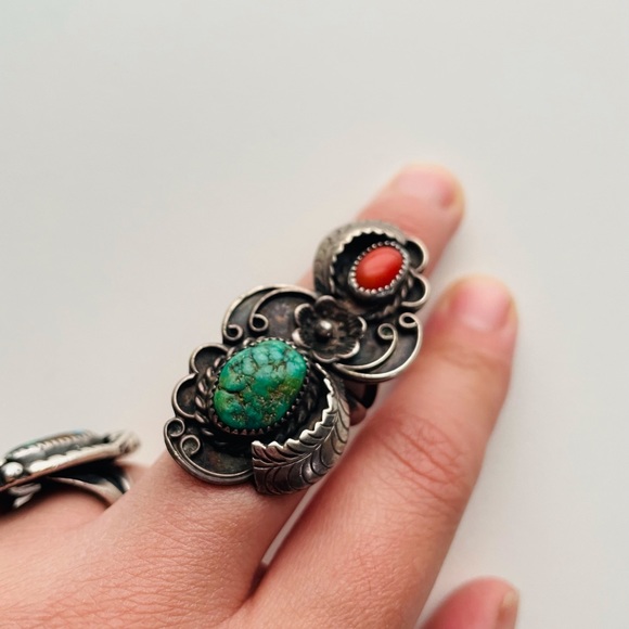 Vintage sterling silver Turquoise coral flower Navajo Ring - Picture 14 of 15